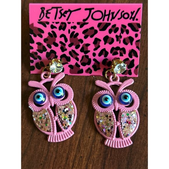 Betsey Johnson Pink Owl Dangle Earrings With Glitter And Beaded Eyes - Picture 2 of 4